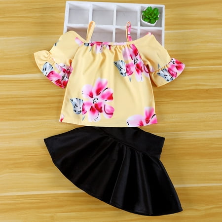 

Off Shoulder Print Tops Shirt+Skirt Outfits Sets