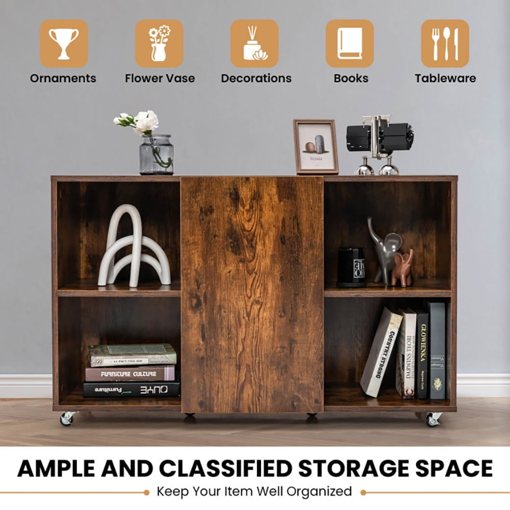 Finihen Storage Cabinet, Wood Storage Cabinet with Wheels and 6 Compartments, for Living Room, Rustic Brown