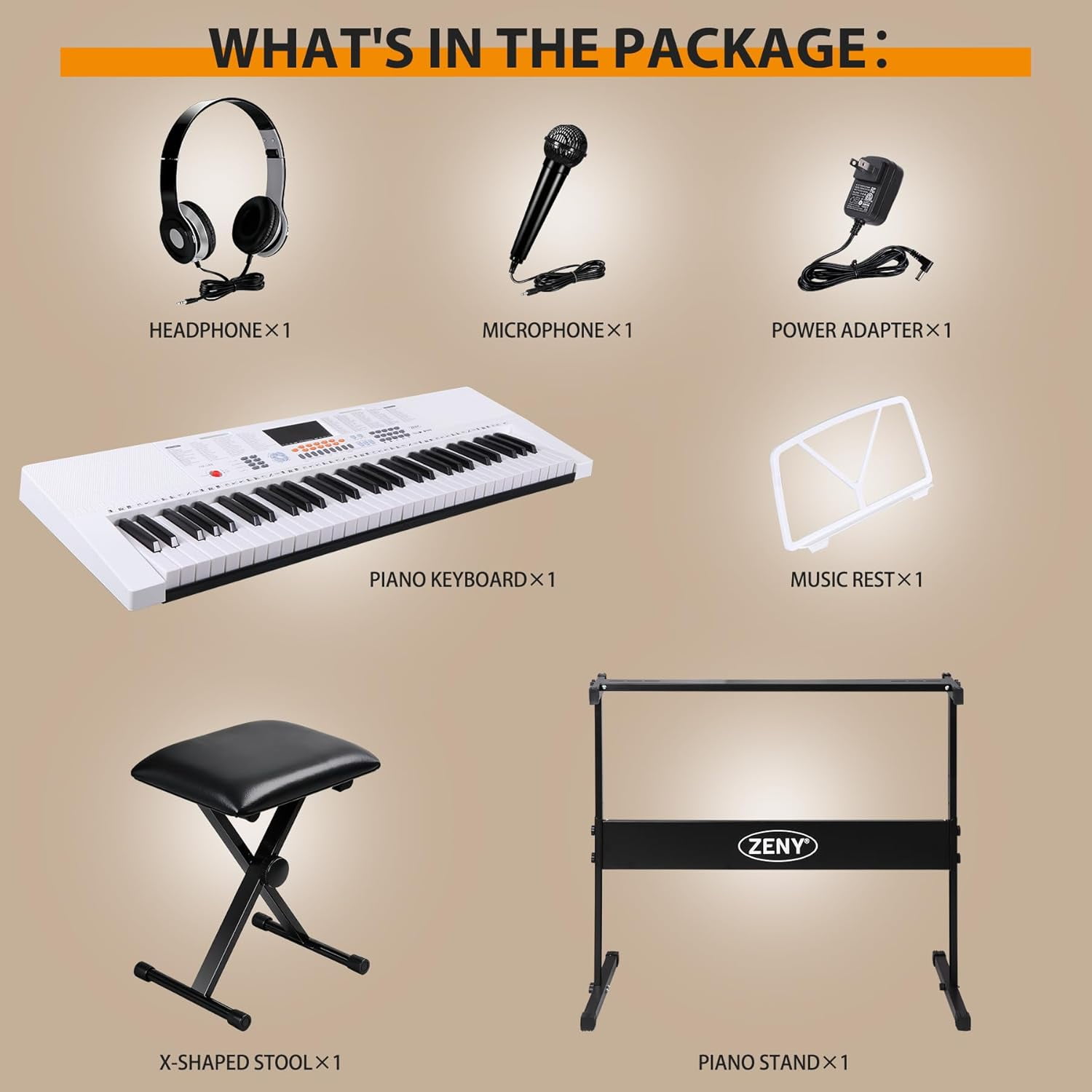 HarmonyStrings 61-Key Portable Electric Keyboard Piano with Built In Speakers, LED Screen, Headphones, Microphone, Piano Stand, Music Sheet Stand and Stool White