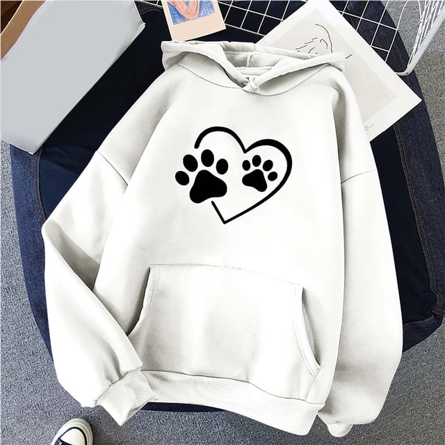 Fartey Cute Heart Paw Print Hoodies for Women Fall Fleece Long Sleeve Sweatshirt with Pockets Oversized Drawstring Hoode Pullover