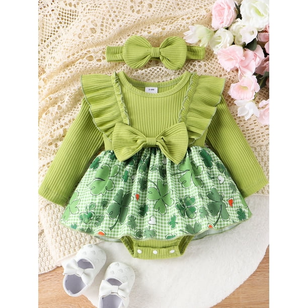 xiaxaixu Baby Girls Rompers Dress Ireland Festival Clothes Shamrock Print Layered Skirt Hem Toddler Bodysuits with Bow Headband Walmart