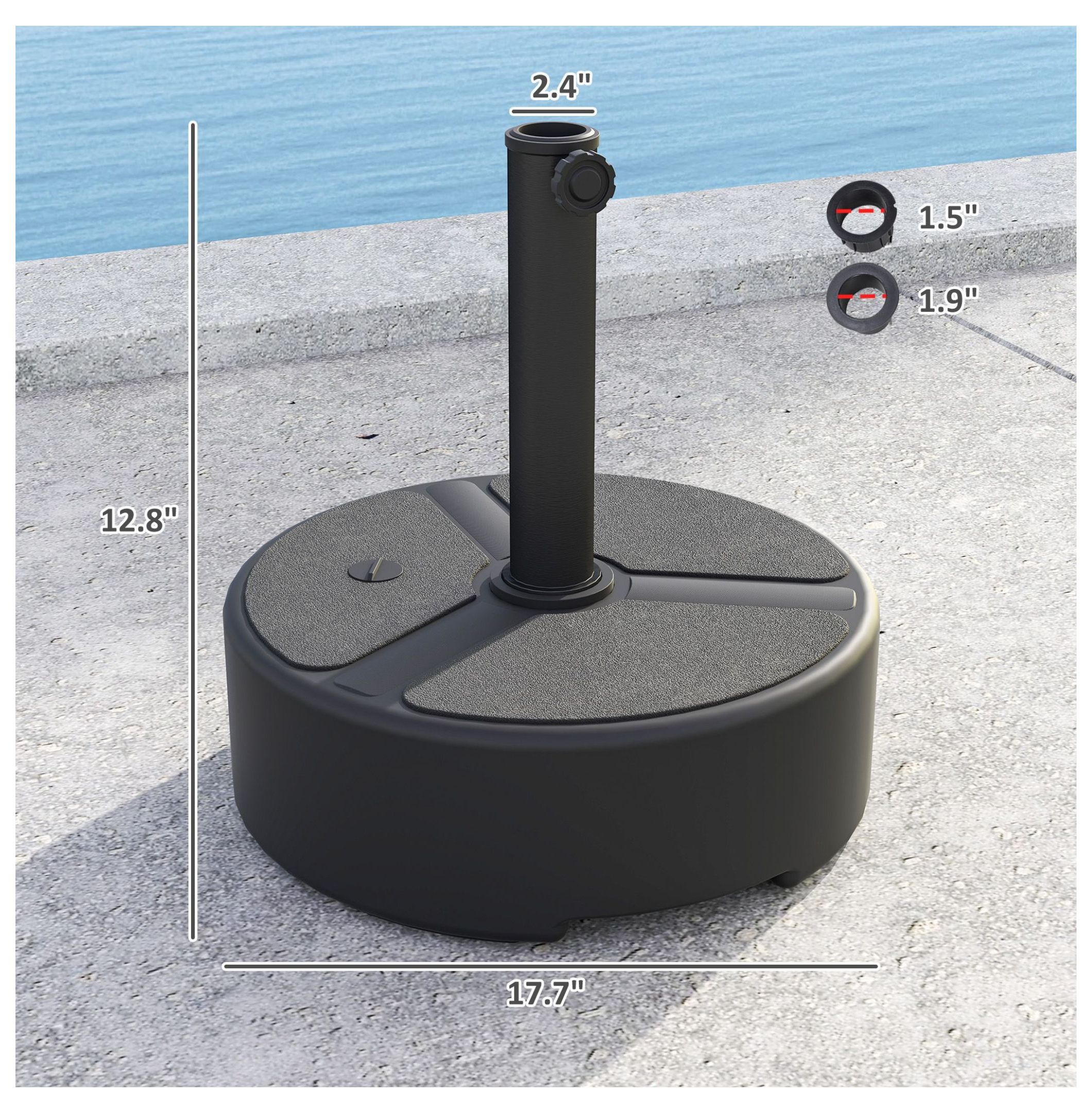 Patio Umbrella Base, 17.7in Heavy Duty Outdoor Stand - 44lbs Sand/40lbs Water Fill - Garden, Pool, Deck - Black - Fits 1.5"/1.9" Pole