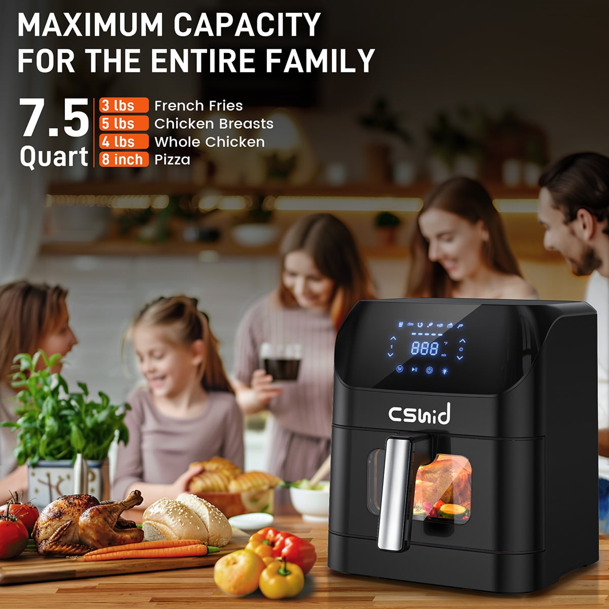 Cshidworld Air Fryer, 7.5 QT Large Air Fryer with Clear Window & Washable Basket,10-in-1 Presets Functions For Crisp,Roast,Bake and Reheat,Nonstick,Digital Touchscreen,Quiet, Black