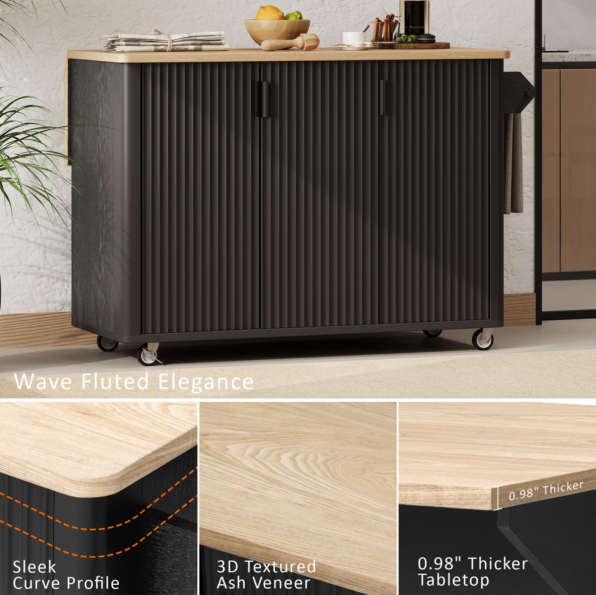 DEALTOPS 51" Fluted Panel Kitchen Island with Drop Leaf, 3-Door Rolling Storage Cabinet Cart, Black Ash