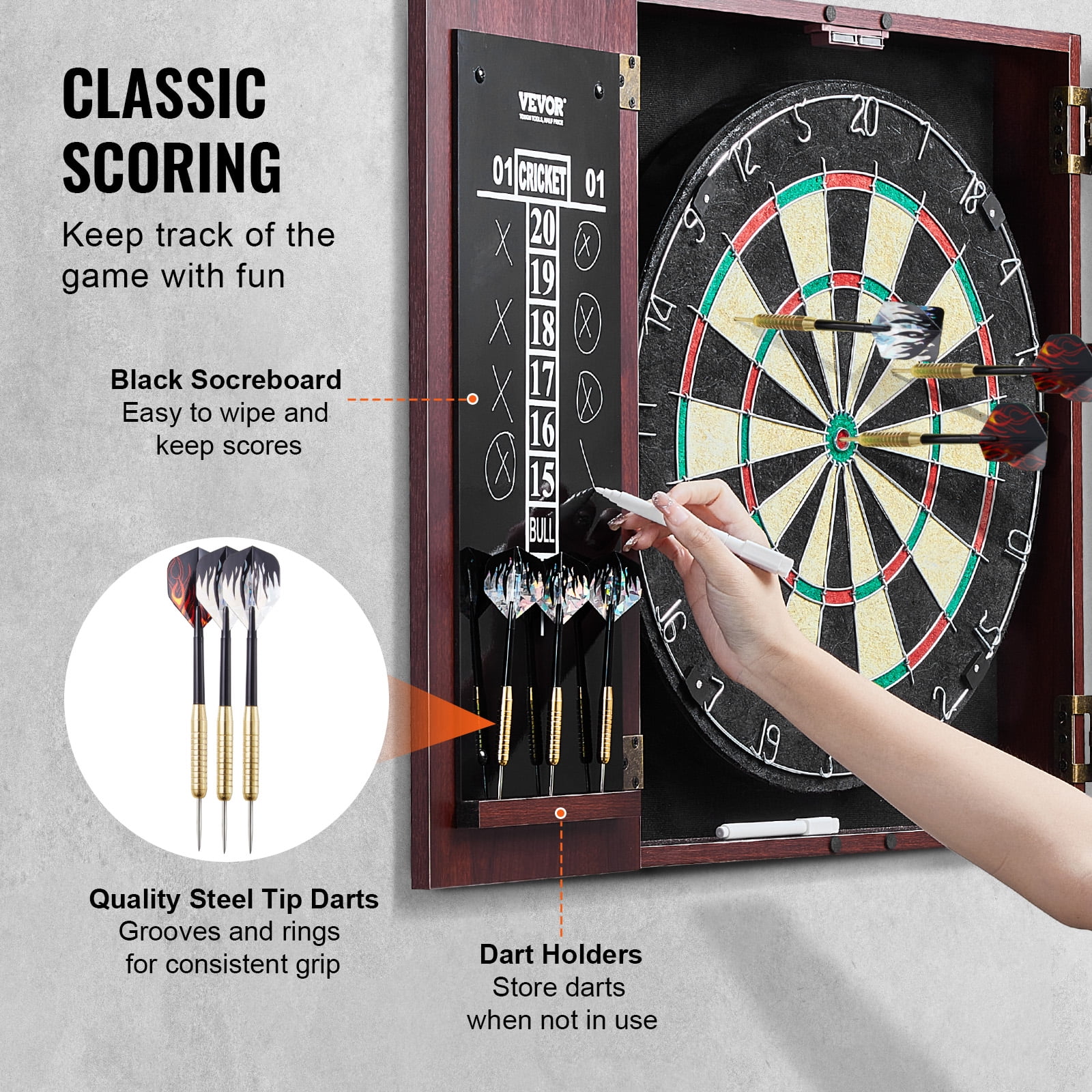 VEVOR Dartboard and Cabinet Set, Ready-to-Play Bundle Official Size Dartboard Cabinet, Steel Tip Dart Hideaway Cabinet, Features Easy Assembly, Complete with All Accessories,Perfect for Cricket Games