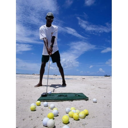 Bahamian Golfer Tees Up on the Pink Sand, Pink Sands Beach, Harbour Island, Bahamas Print Wall Art By Greg