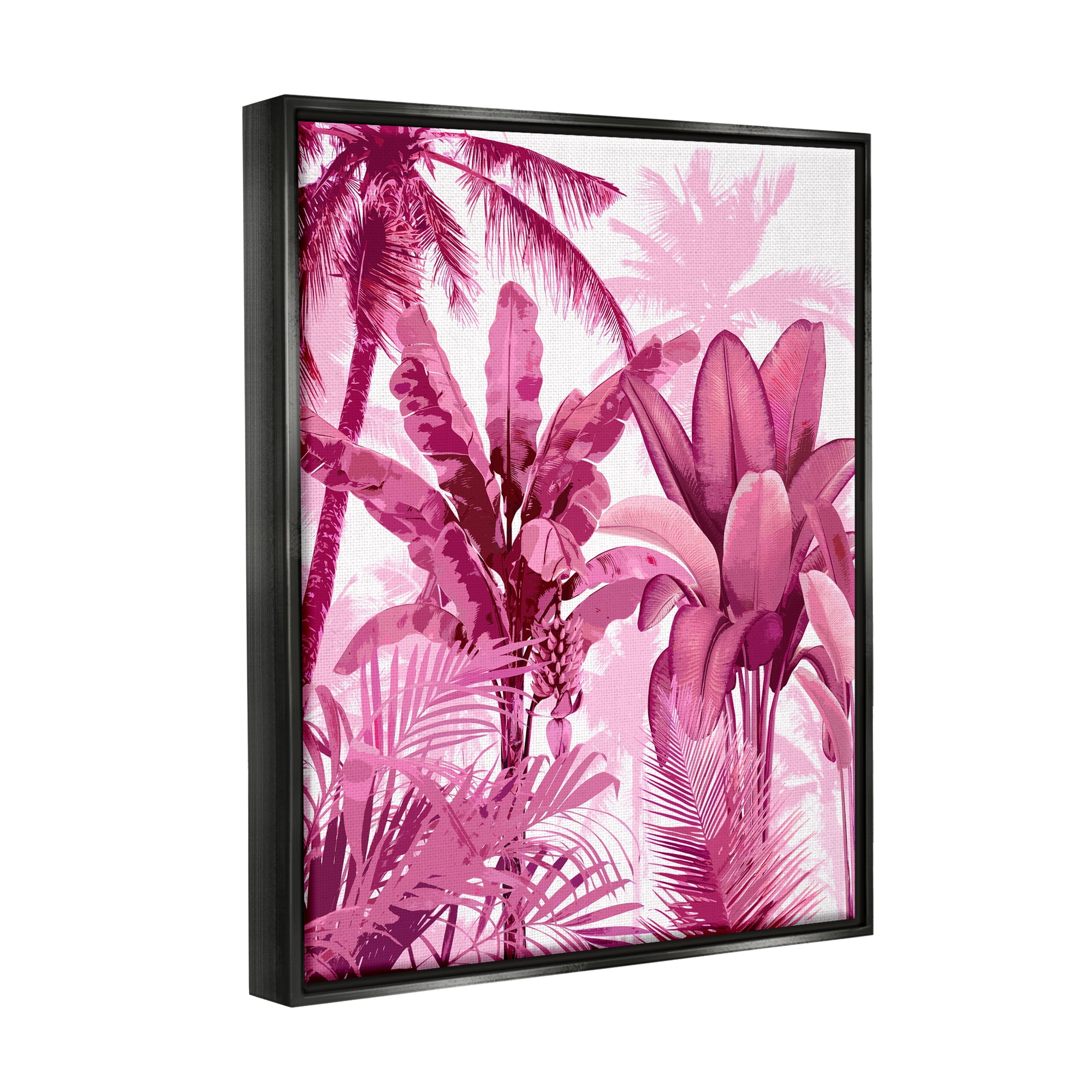 Stupell Industries Pink Tropical Palm Leaves Botanical & Floral Painting Black Floater Framed Canvas Art Print Wall Art, 17 x 21