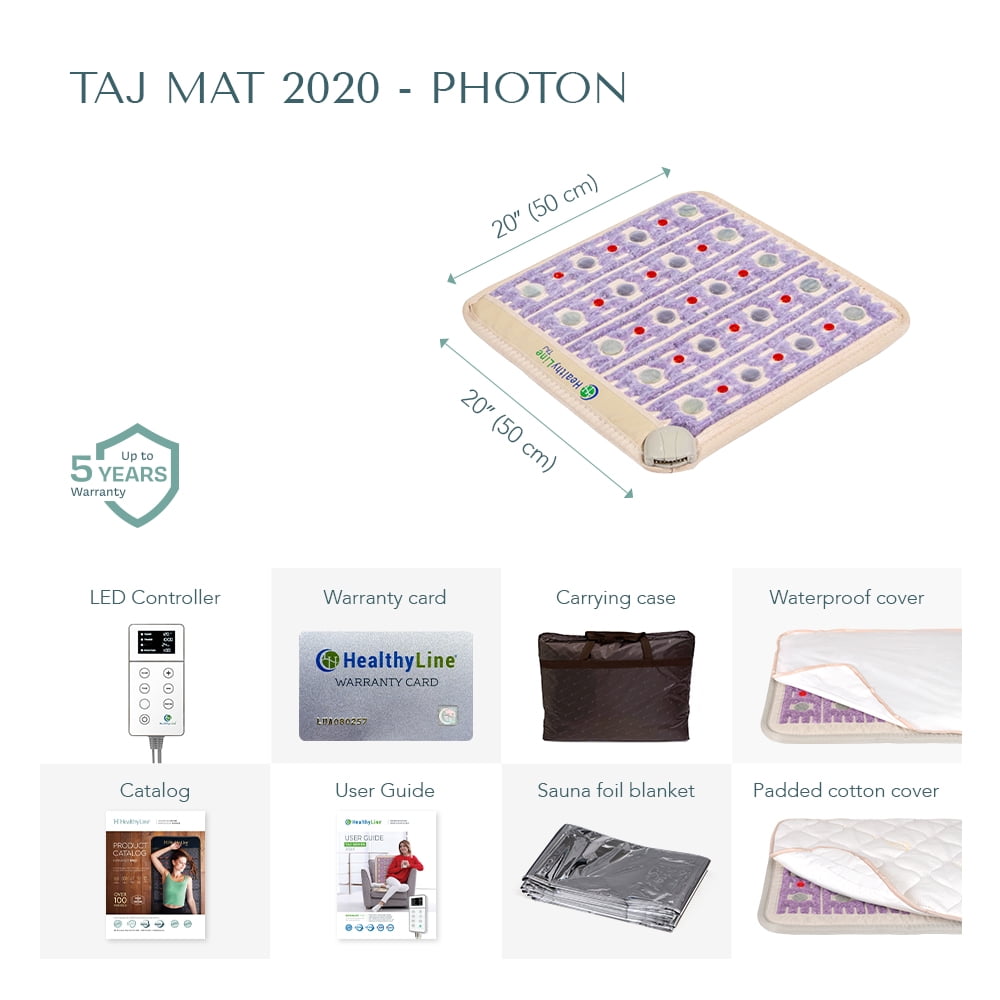 HealthyLine TAJ 2020 Far Infrared Heating Pad with Real Gemstones, PEMF Mat with Amethyst, Jade, Tourmaline, Adjustable Temperature Control for Natural Pain Relief 20” x 20”