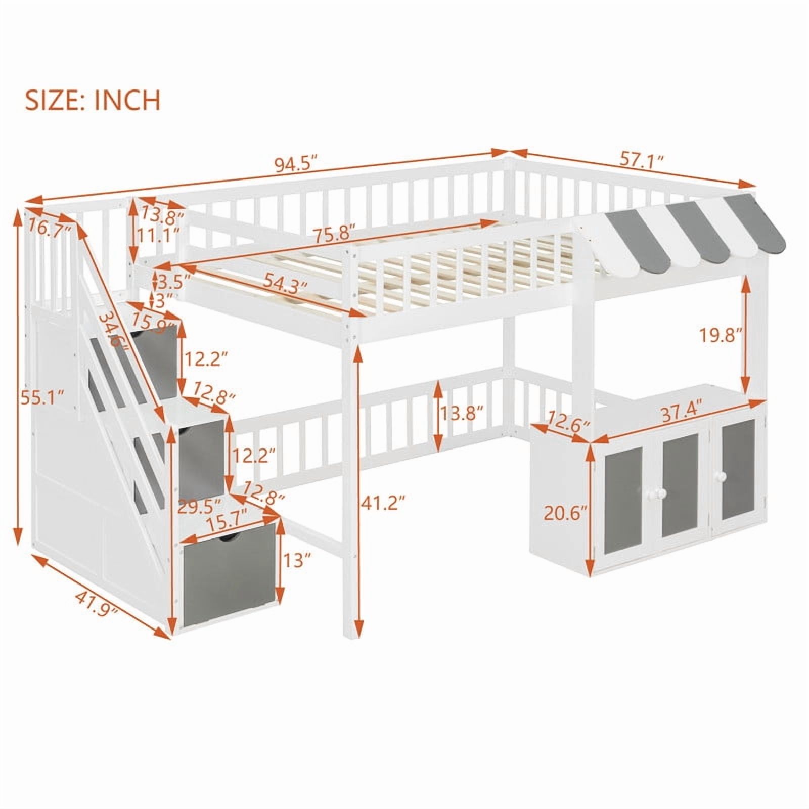 Full Size Playhouse Kids Loft Bed with Eaves Design, Wood Child Bed Frame with Storage Staircase, LED Light & Under Bed Cabinets