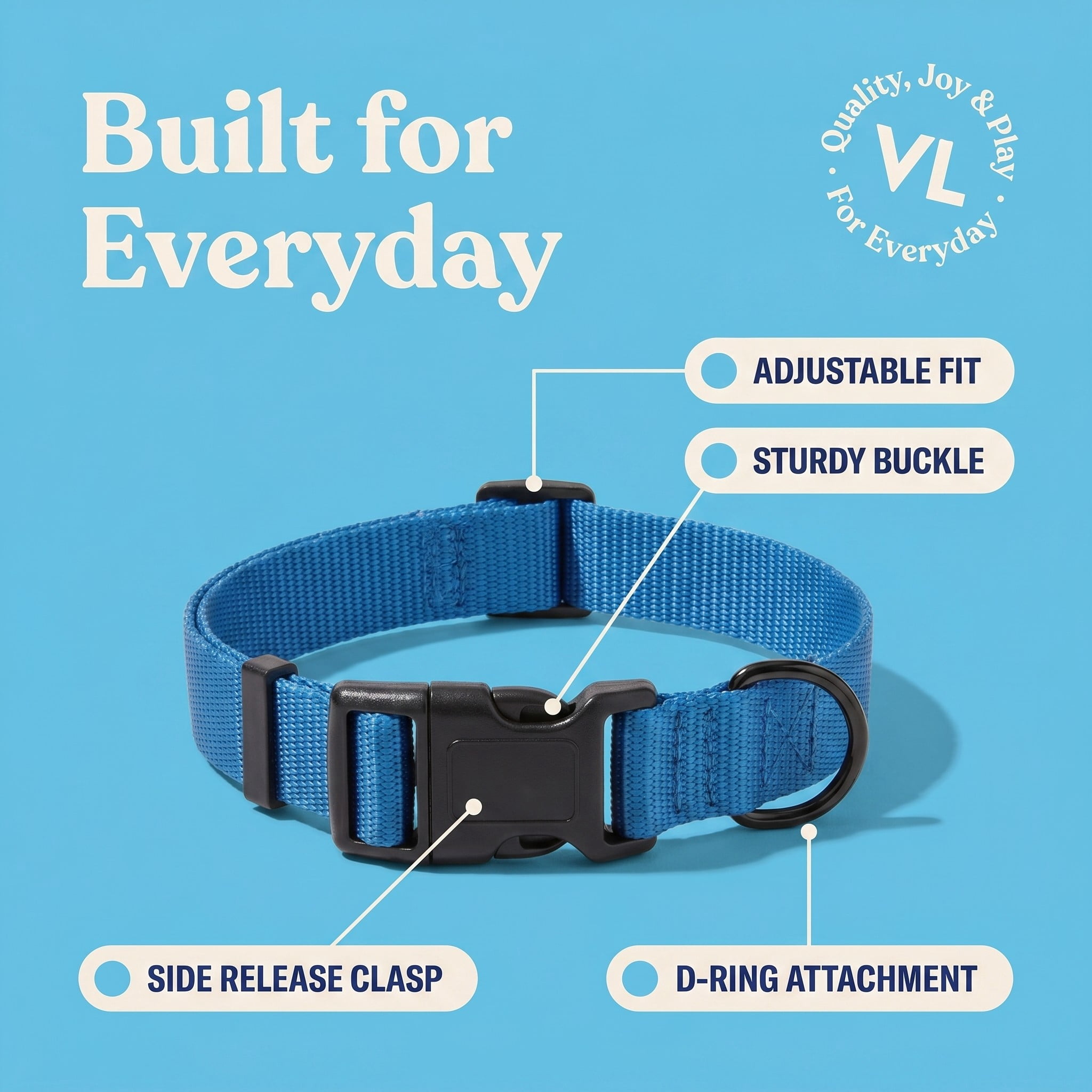Vibrant Life Solid Polyester Adjustable Dog Collar, Blue, L