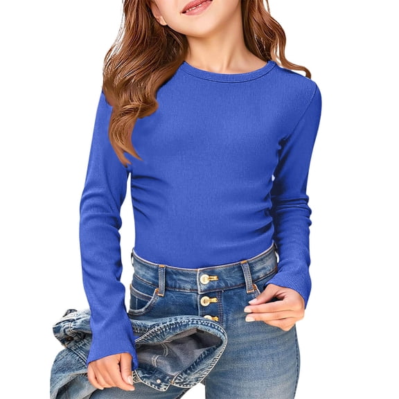 EliteGoogv Girls T Shirts Crew Neck Long Sleeve Graphic Tees For Girls Breathable Holiday T Shirts Vacation Fall Summer Tee Tops Blue 11-12 Years