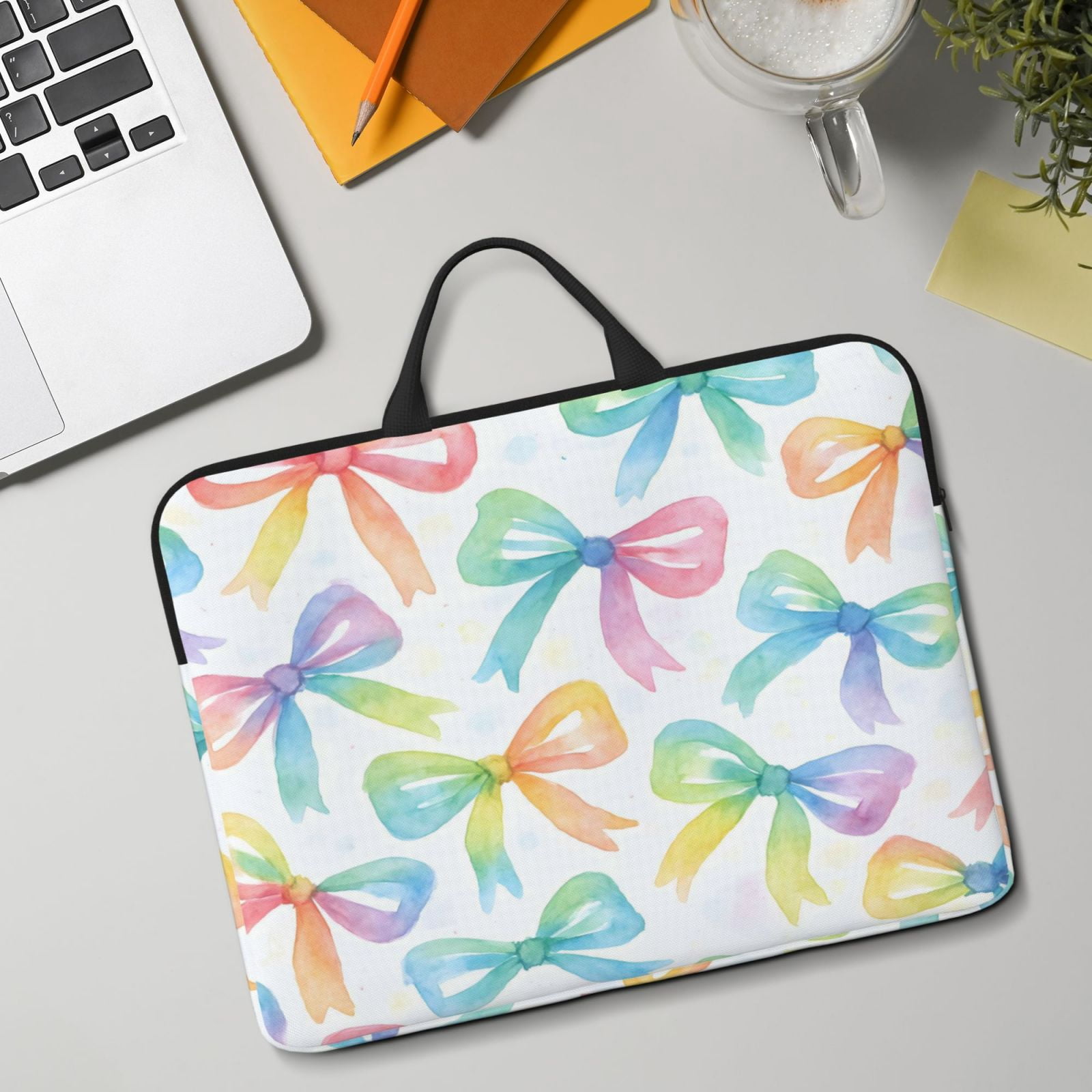 Laptop Sleeve Bag For Women Men 14inch Waterproof Durable Protective Computer Carrying Cover Handle Laptop Case Bag Watercolor Rainbow Ribbon Bow Pattern