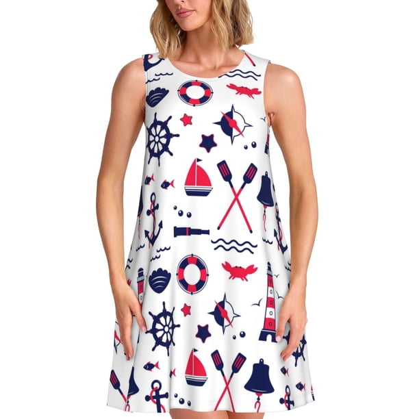 Fotbe Sailing Marine Travel Vestido de Verano sin Mangas para Mujer – Vestido Midi Línea A, Estilo Camiseta Floral, Vestido Playero Casual y Fluido