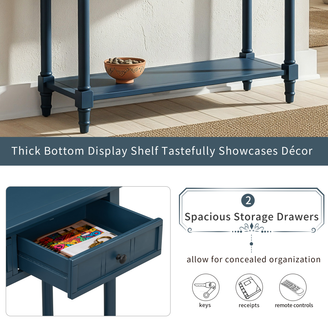 35" Console Table with 2 Drawers, Farmhouse Solid Wood Sofa Table Behind Couch, Entryway Hallway Foyer Tables with Open Shelf for Living Room, Dark Navy