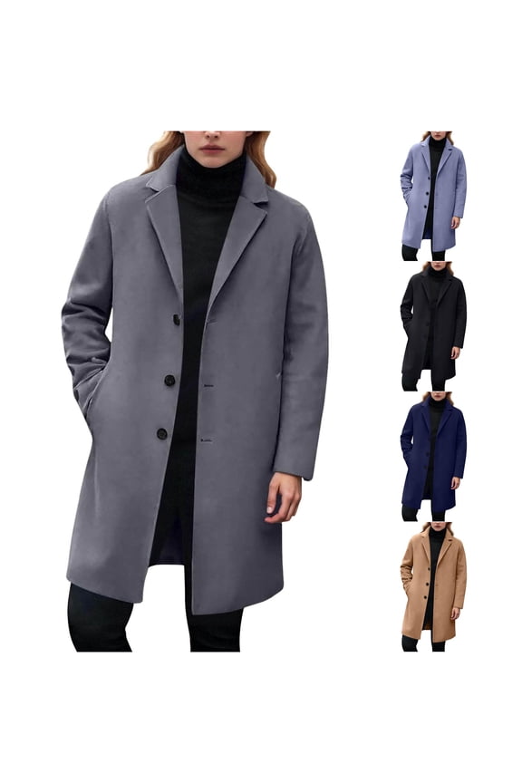 Wool Blend Notch Lapel Overcoat for Unisex, Single Long Sleeve Mid-Length, Casual Fall Winter Outerwear, 1 Piece, M-5XL, Plus Size Friendly