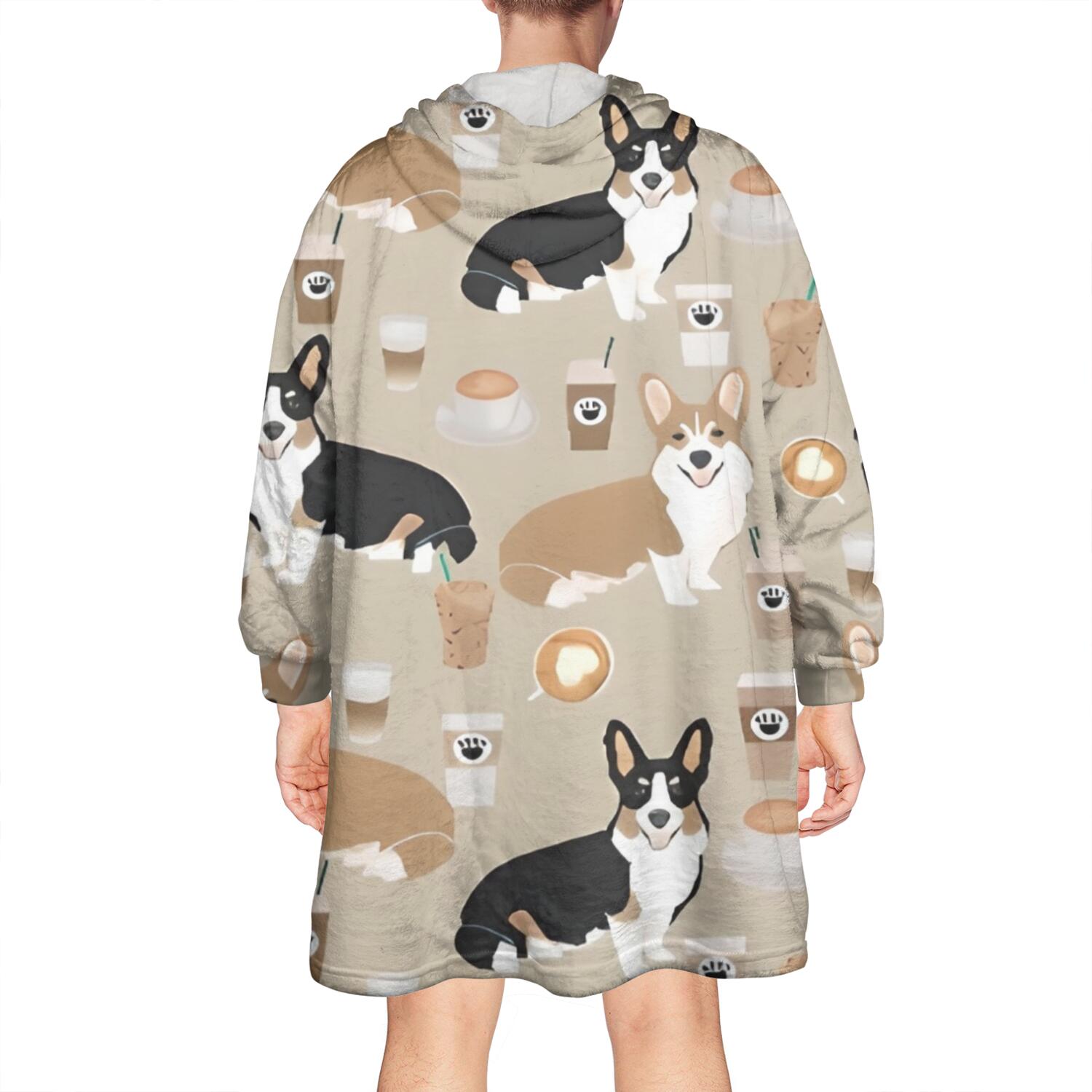Wearable Oversized Blanket,Cartoon Corgi and Coffee Wearable Blanket Hoodie for Adults,Cozy Hooded Blankets with Super Pockets,Super Warm Fuzzy Pullover for Women & Men