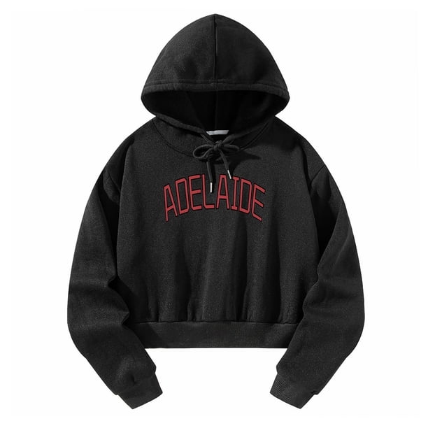 Sudadera corta para mujer, ropa cómoda con cordón, sudadera holgada, sudaderas con capucha con estampado de letras elegantes para otoño e invierno M