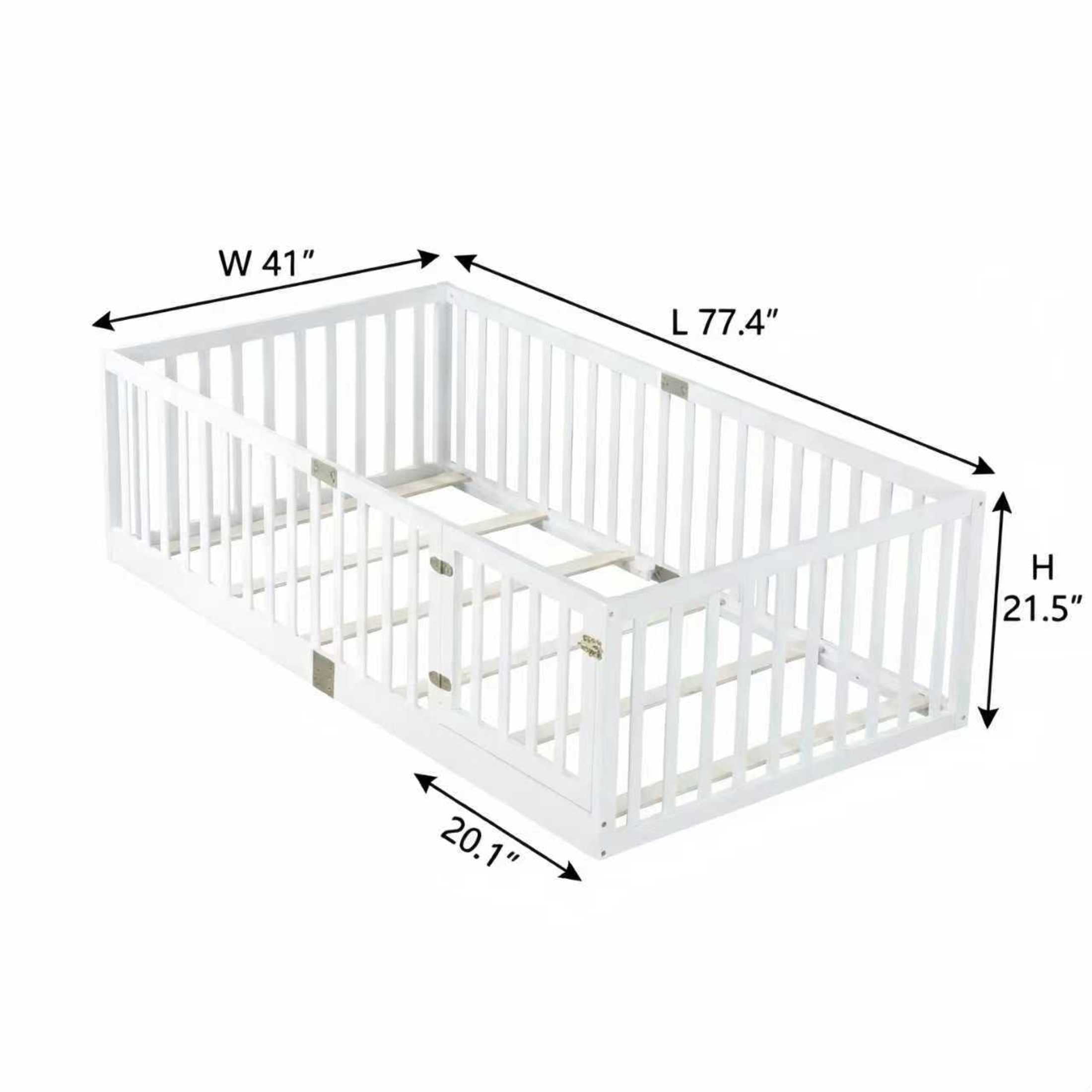 Noble House Nira Twin Floor Bed with High Fence and Door, Rubber Wood Montessori Bed Frame, Kids' Room, White