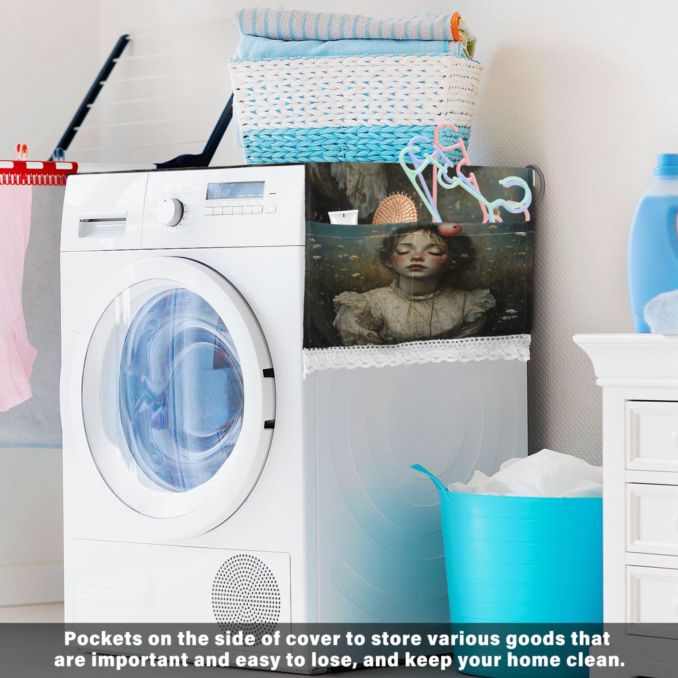Beautiful GirlWasher and Dryer Covers Dust-Proof and Oil Resistant Fridge Cover with 4 Storage Pockets Washing Machine Top Cover for Laundry Kitchen Home 51.2 x 22 In