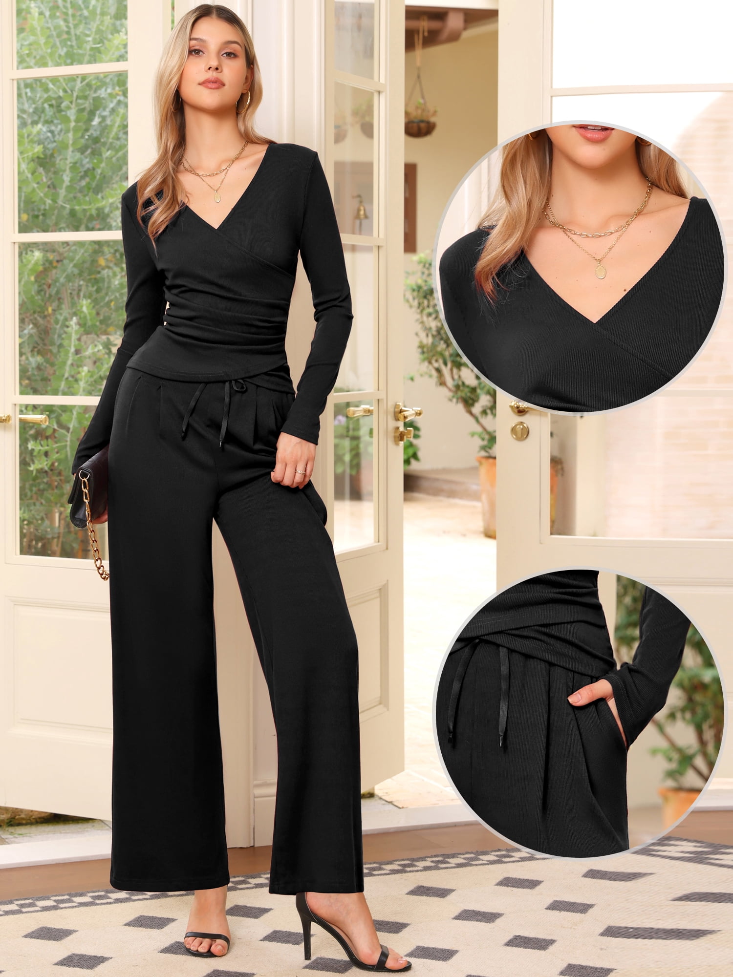DARING DIVA Women's V Neck Drawstring Long Sleeve Wide Leg Casual Sets XS Black