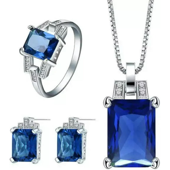 Cubic Zirconia 925 Quality Silver Wedding Jewelry Set Ring Earrings Necklace Party Gift-5# Square Sapphire-6[q903]