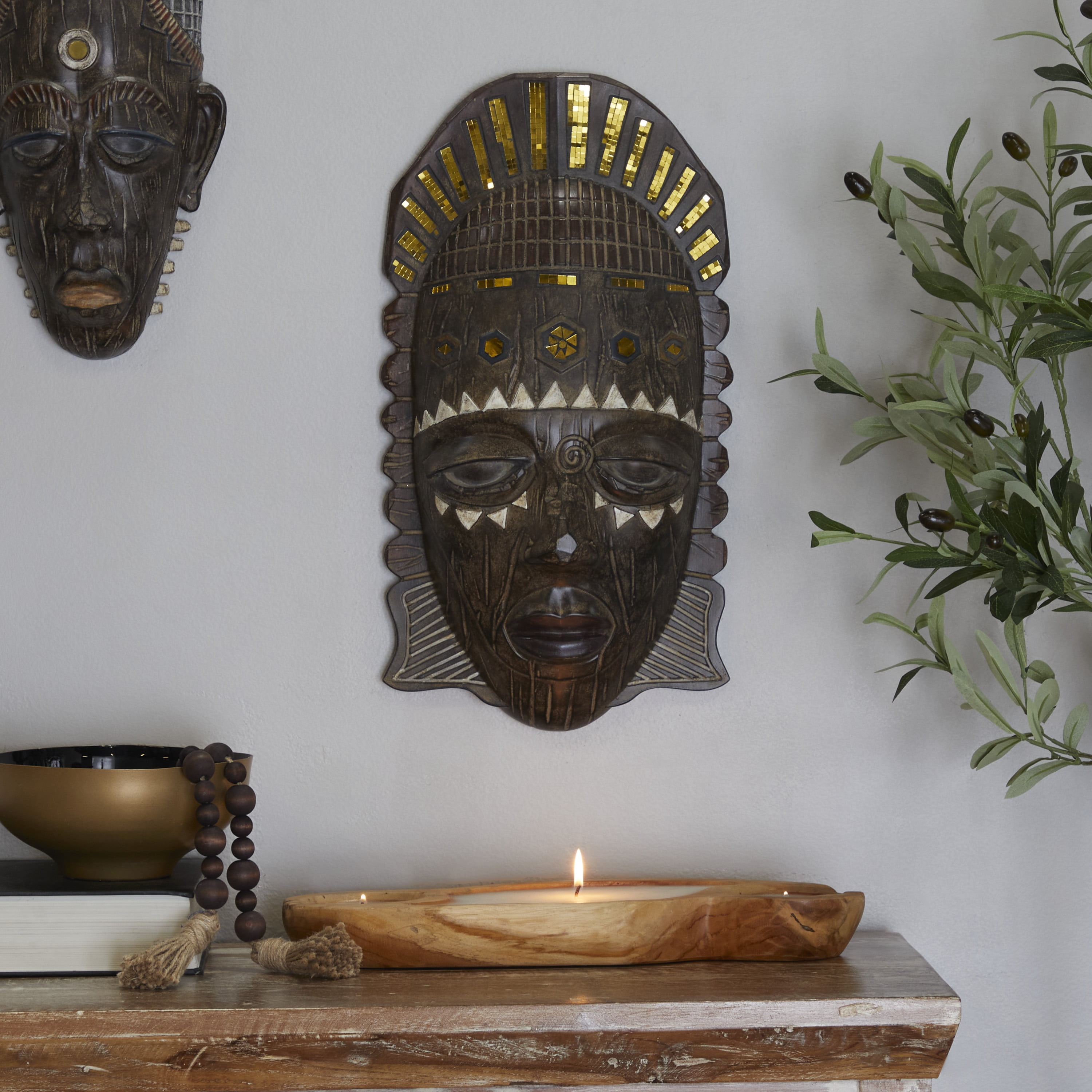 DecMode Brown Polystone Mask African Tribal Home Wall Decor with Cream and Navy Carvings and Mirrored Gold Accents, 11" x 20" x 6"