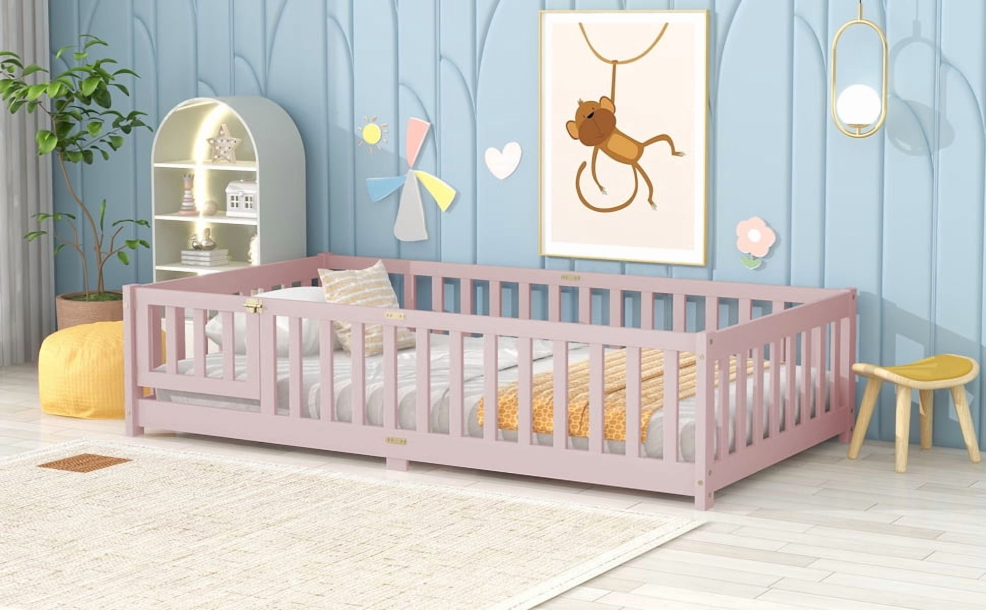 Mintazer Twin Floor Bed with Fence and Door, Montessori Bed with 17.5" Safety Guardrails for Kids Girls Boys, Light Pink