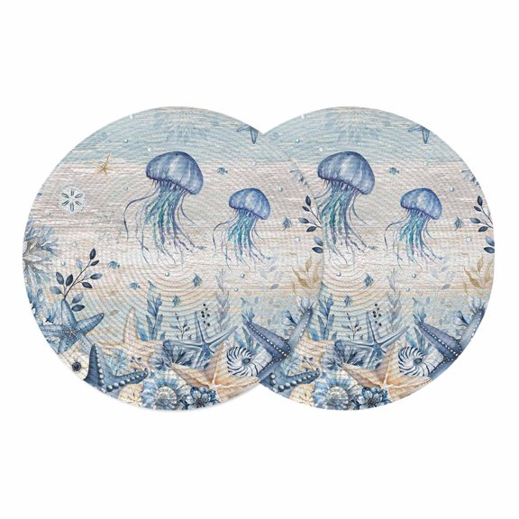 Blue Jellyfish Coastal Round 13 Inch Placemats Set of 2, Beach Starfish Nautical Coral Vintage HeatResistant Non Slip Place Mats for Dining Table, Wipeable Braided Kitchen Table Mats for Housewarming