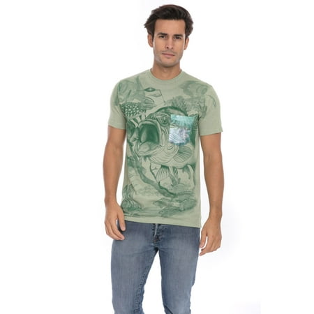 Fish Print Tee - Large Mouth Bass Time Fish Fishing Soft T-Shirt Tee Printed Pocket Unisex Mens - Green