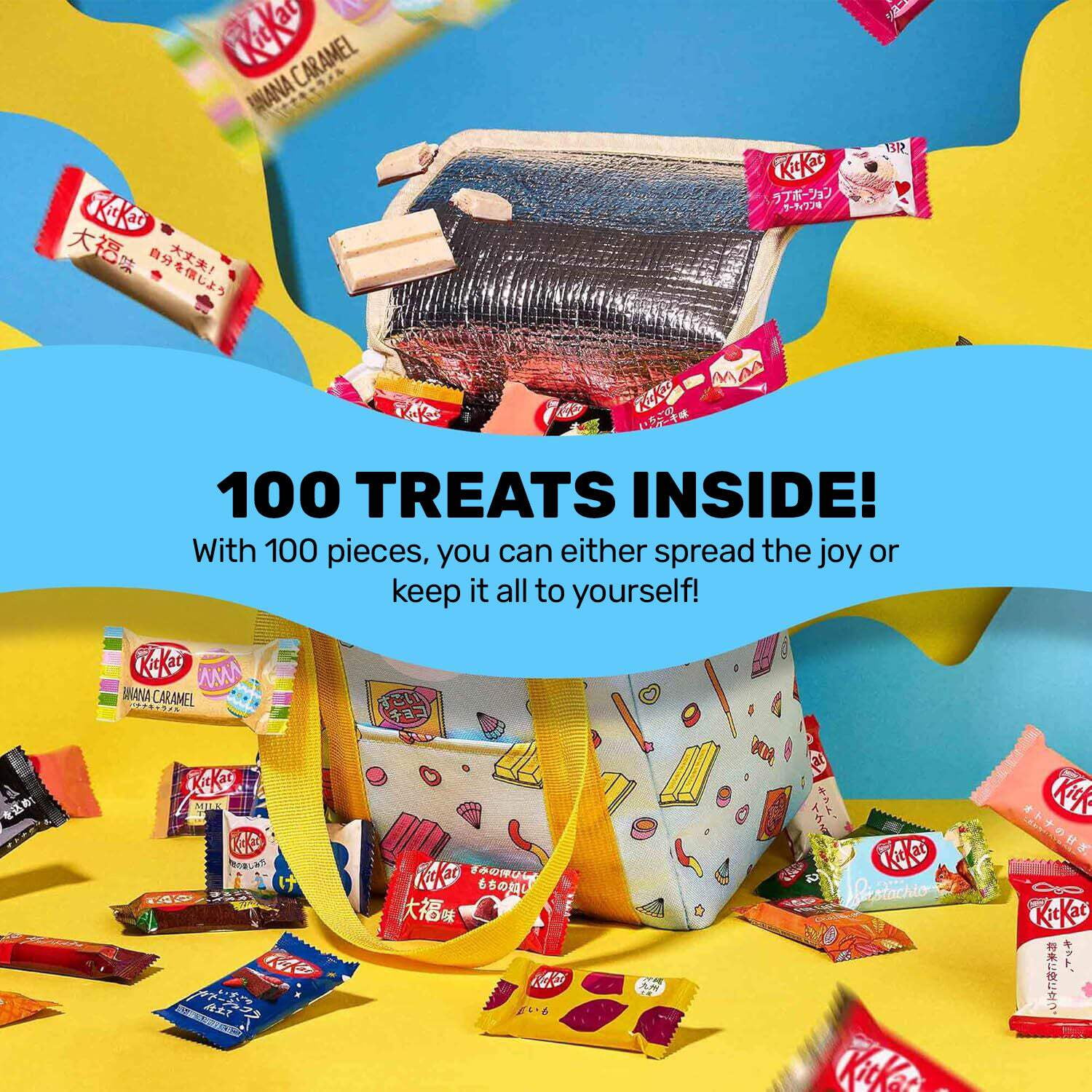 Sugoi Mart Japanese Kitkat Variety Pack - 120 Pcs Mini Kitkats Individually Wrapped Japanese Chocolate Wafer Bars, 7-10 Assorted Flavors with Stylish, Reusable Cooler Bag