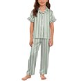 thumbnail image 3 of OGLCCG Girls 3 Piece Pajama Sets Button Down Short Sleeve Top Shorts & Long Pants Striped Sleepwear Lounge Sets Nighty For Teens 5-14 Years, 3 of 8