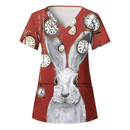 

XHJUN Scrub Tops Women Stretchy Printed Easter Bunny Print Scrub Tops Short Sleeve V Neck with Pocket Wine XXL