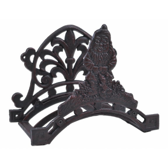 Garden Hose Holder - Gnome With Bunny - Distressed Red Cast Iron - 10.25" Wide