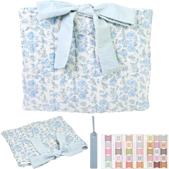 Quilted Bow Bible Cover with Bookmark & Tabs, Padded Protector Washable Bible Bag with Flora Printed Bible Sleeve Pouch, Easter Christian Gift for Women, Blue Floral
