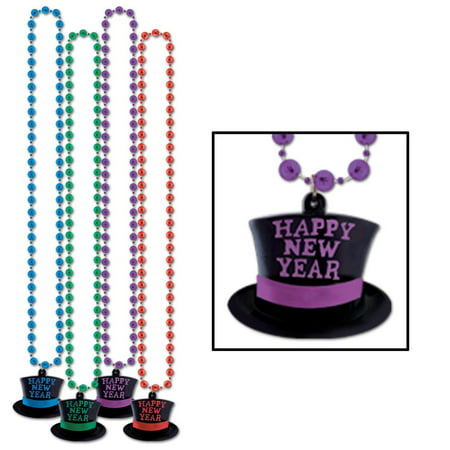 Club Pack of 12 Top Hat Medallion Beaded Happy New Year Necklace 36
