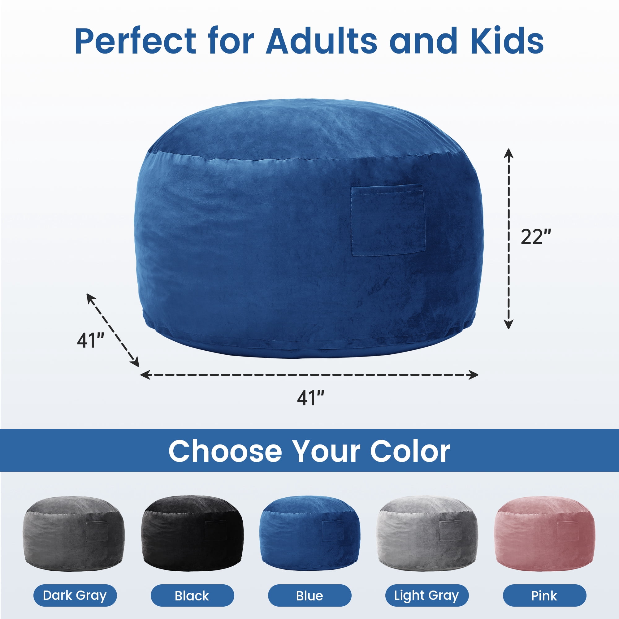 LOGYAT Extra Large 3.5ft Bean Bag Chair, Memory Foam Filling, Washable Suede Cover, Reinforced Zipper, for Kids, Teens, Adults, Blue