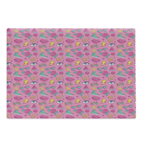 Emoticon Cutting Board, Retro Style Comic Book Pattern on Pink Backdrop Girlish Pop Art, Decorative Tempered Glass Cutting and Serving Board, Large Size, Pink Sea Green Yellow, by Ambesonne
