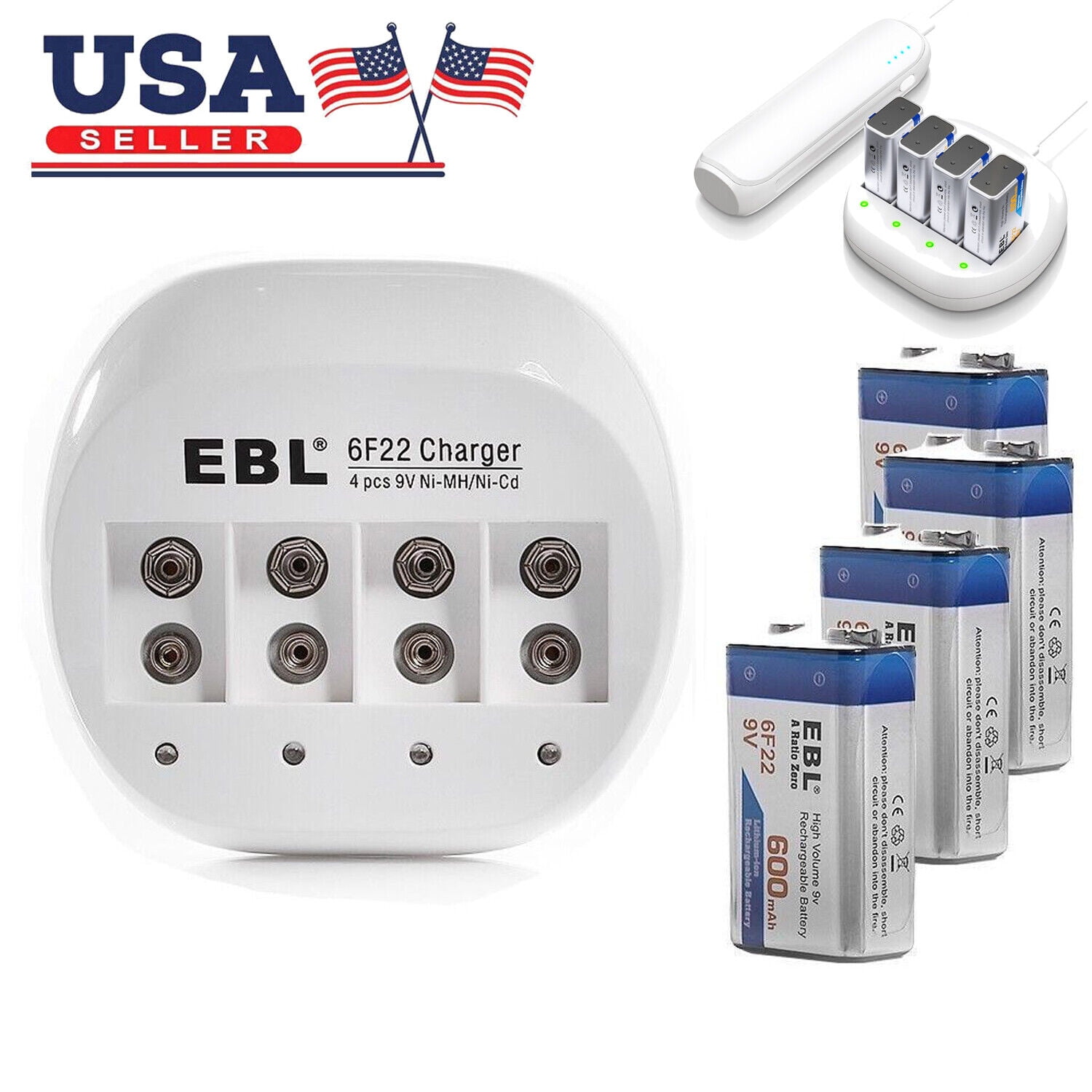 EBL 4 Bay 9V Lithium ion Battery Charger with 4 Packs 600mAh 9V Liion