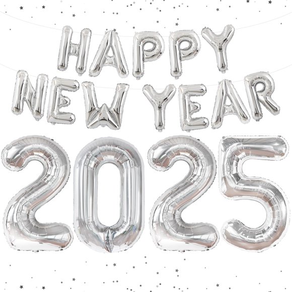 Globo KatChon 2025 Happy New Year, plateado, 40 cm, con cinta