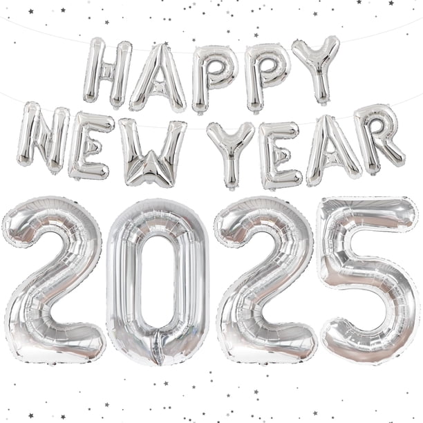Globo KatChon 2025 Happy New Year, plateado, 40 cm, con cinta