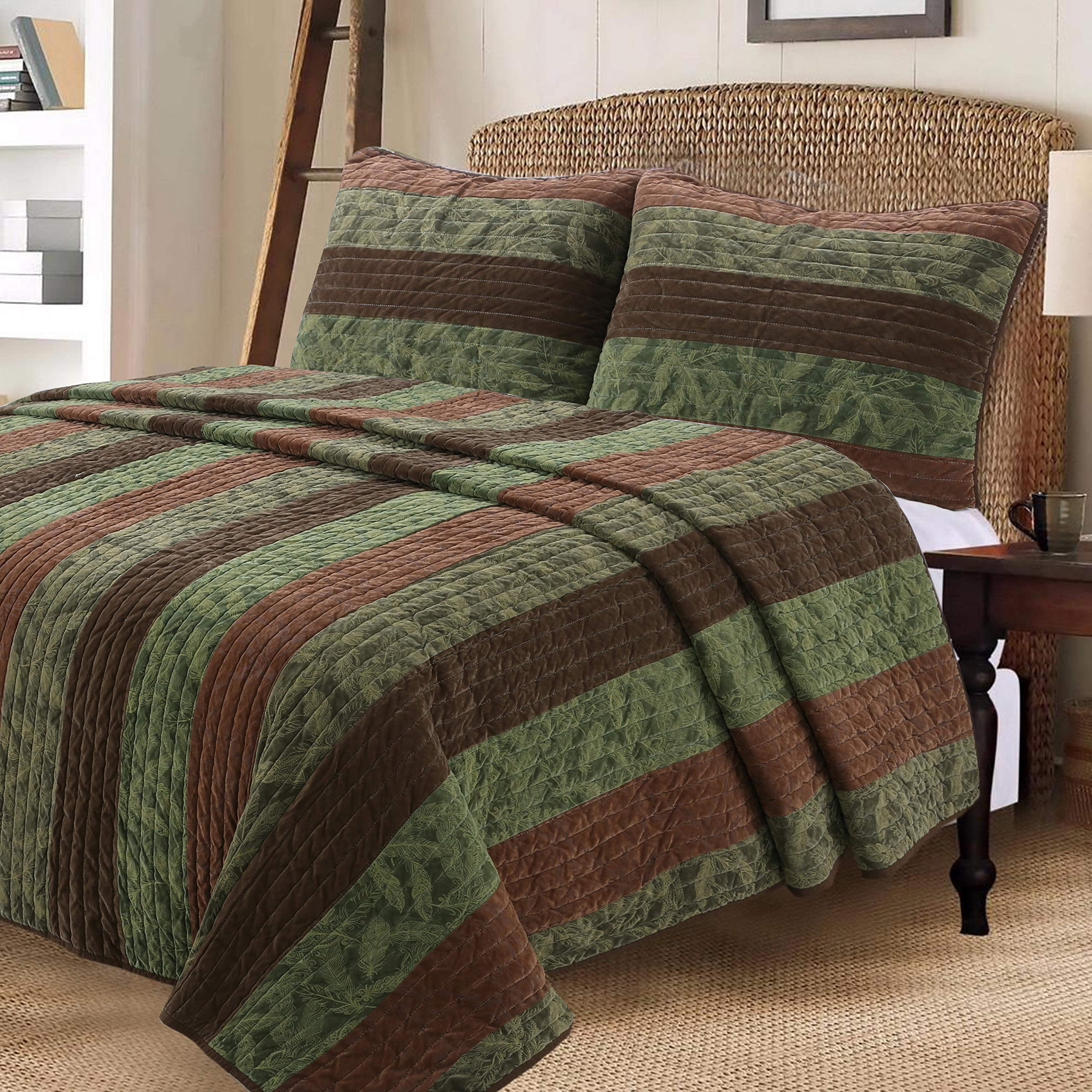 Cozy Line Rhett Striped Reversible Quilt Bedding Set (Brown Sage Leaf