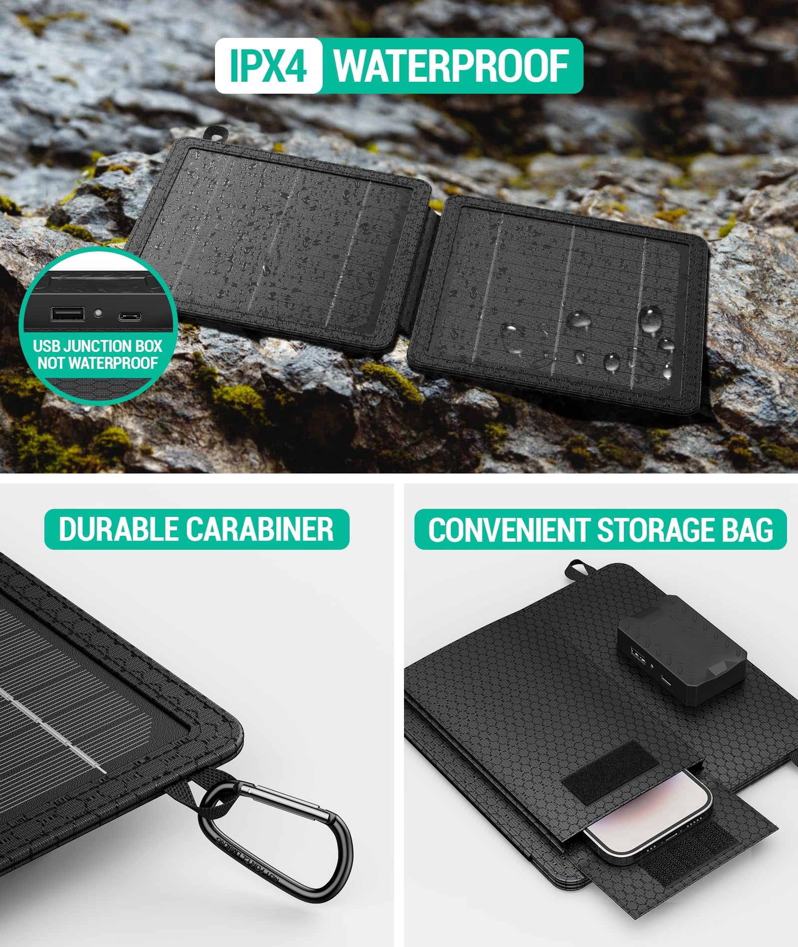 10W Foldable Portable Solar Charger with Dual USB Outputs, 24% High Efficiency Solar Panels, Waterproof, Dustproof & Shockproof, Compatible with Most Devices