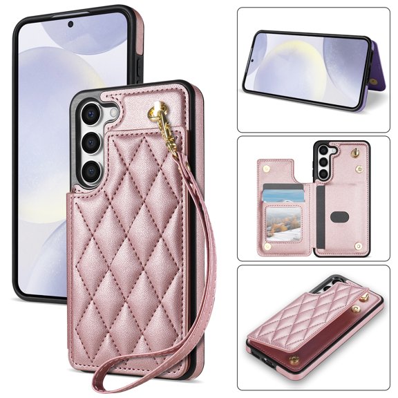 Wallet Cover for Samsung Galaxy S23, with Wrist Strap Card Holder Magnetic Snap Back PU Leather Credit Card Slots Stand Classic Phone Case Cover for Samsung Galaxy S23, Rosegold