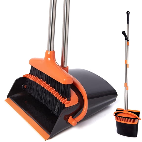 Upgrade Broom and Dustpan Set, Self-Cleaning with Dustpan Teeth, Indoor&Outdoor Sweeping, Ideal for Dog Cat Pets Home Use, Stand Up Broom and Dustpan (Gray&Orange)