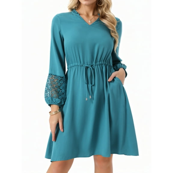 DARING DIVA Long Sleeve Ruffle V Neck Drawstring Waist Dress S Lake Green