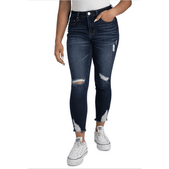 Indigo Rein Juniors' Curvy Mid-Rise Distress Skinny Jeans - Dark Blue