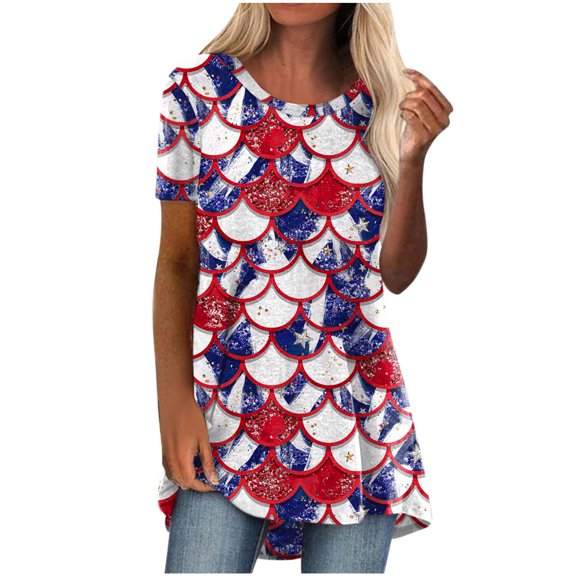 USSUMA Short Sleeve Women Tops Dressy Casual 4th of July Patriotic USA Flag 2022 Trendy T-Shirt Shirts Round Neck Stars Stripe Plus Size Tunics Top for Women Summer Blouse