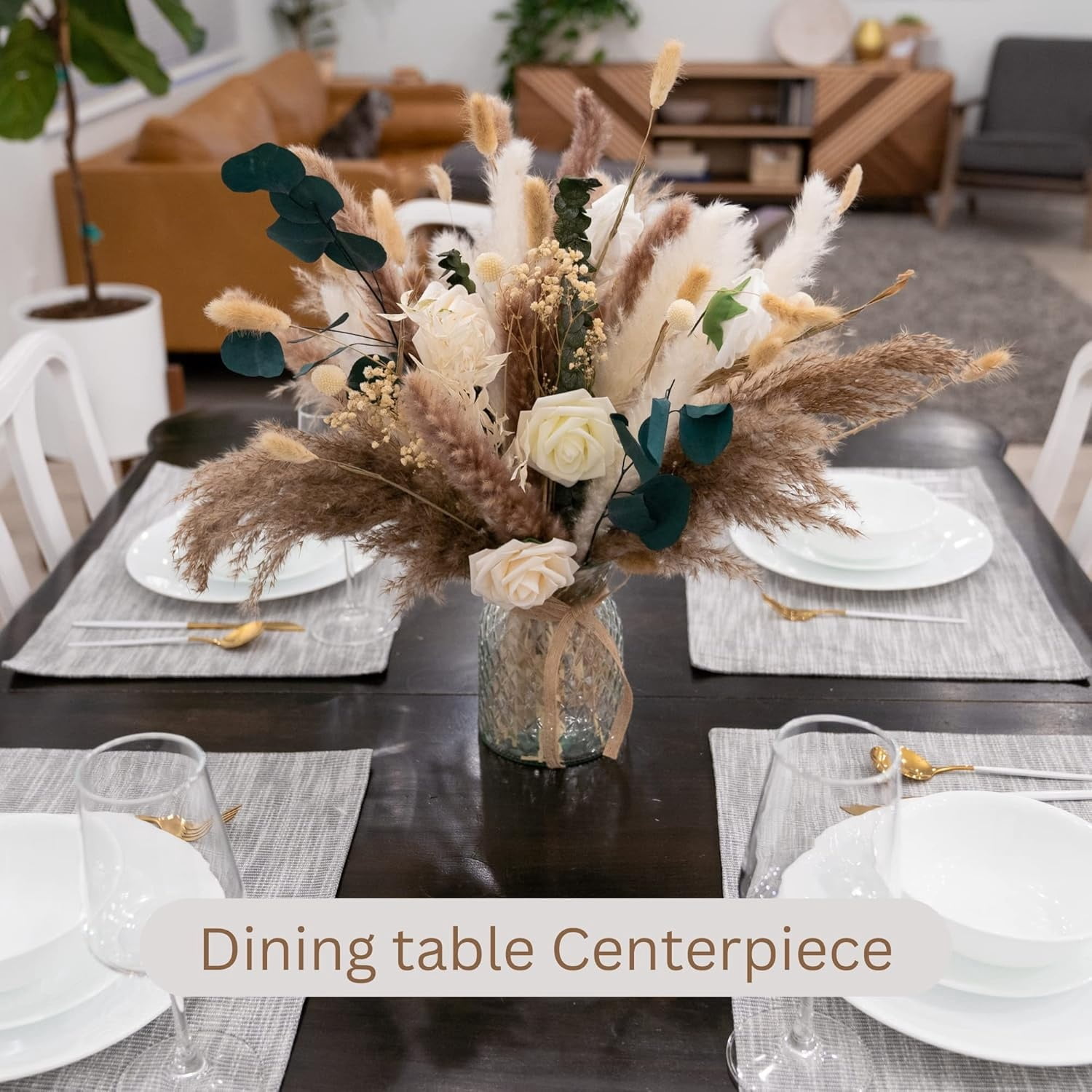 Artificial Flowers Arrangement, Dining Table Centerpiece Decorations, Fake Flowers in Vase, Dried Pampas Grass Floral Centerpieces, Coffee Table Decor