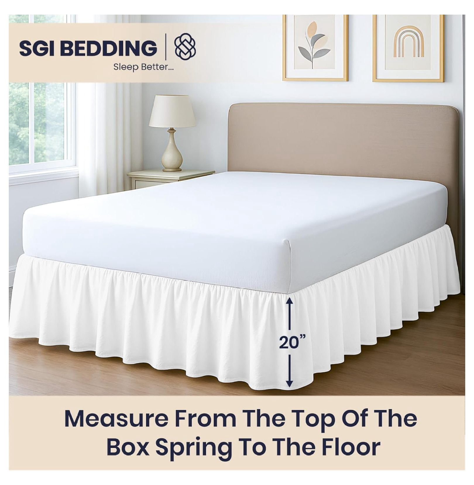 20 Inch Drop Ruffled Bed Skirt Queen Size - Classic Gathered Styling, Platform Style Dust Ruffle with Secure Fit, Split Corners, Wrinkle-Resistant Microfiber - White