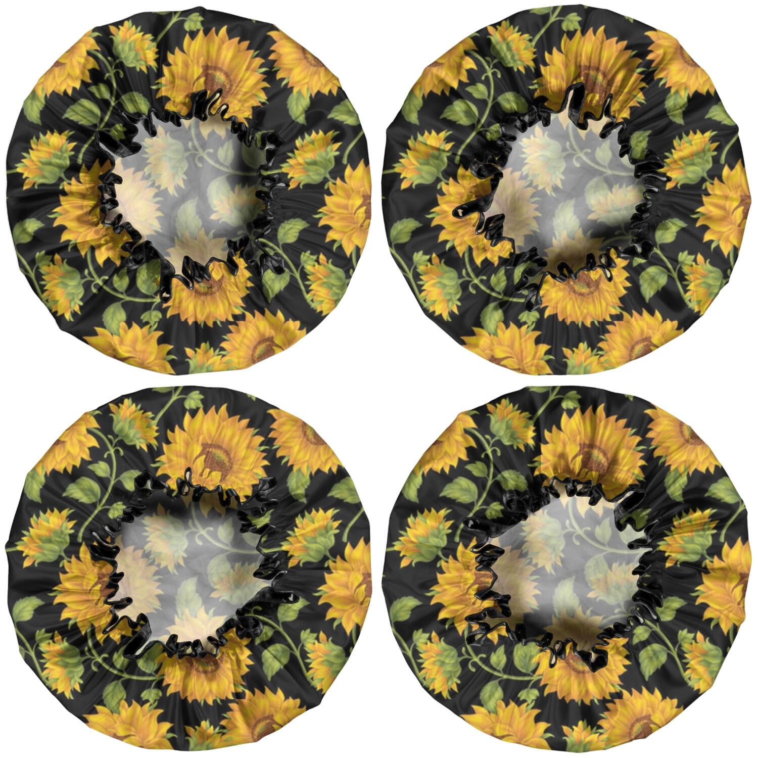 Shower Caps,Black Green Stem Sunflower Pattern Waterproof Shower Cap for Women 4 Pieces,Double Reusable Hair Cover for Shower PEVA Elastic Stretch Hem